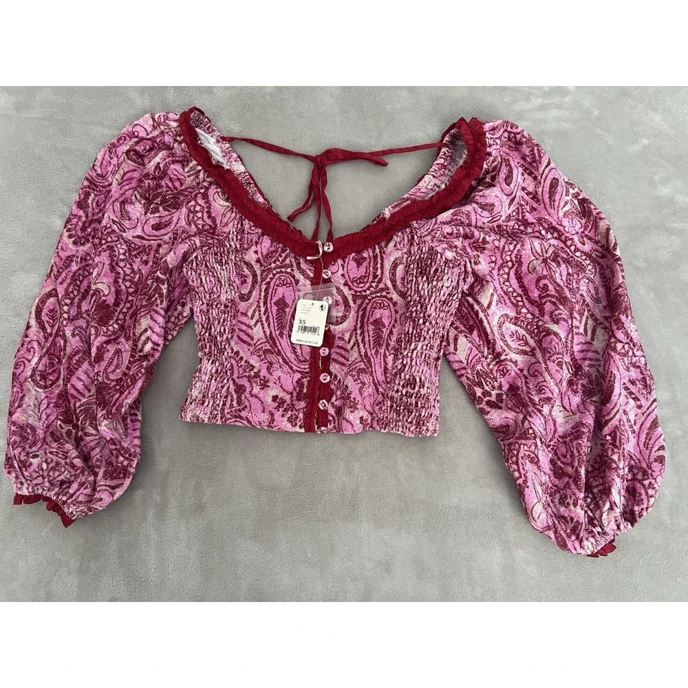 Free People Dare Me Velvet Cropped Blouse Pink Paisley Smocked Cropped Blouse XS